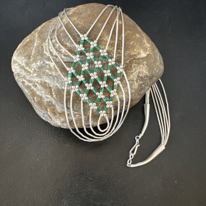 Crisscross Green Malachite Heishi Necklace | 5 Strand Liquid Sterling Silver | 22" | 15884