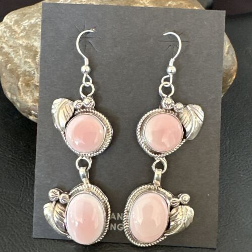 Navajo Pink Conch Shell Dangle Earrings | Sterling Silver | Authentic Native American Handmade | 17213