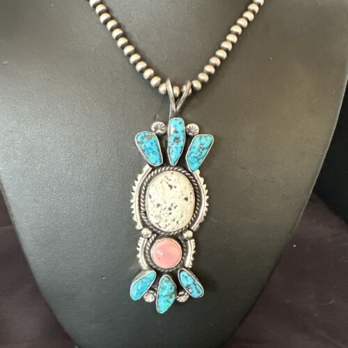 Navajo Blue Kingman Turquoise Cluster Pendant | Sterling Silver | 4" | Authentic Native American Handmade | 17419