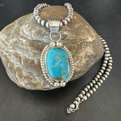 Navajo Pearls Kingman Turquoise Pendant Necklace | Sterling Silver | Authentic Native American Handmade | 17126