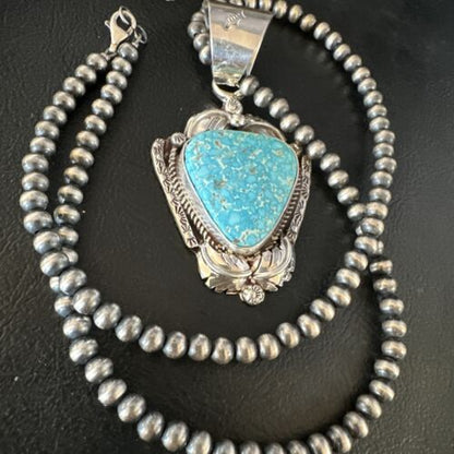 Navajo Kingman Turquoise Pendant Necklace | Sterling Silver Pearls | Authentic Native American Handmade | 15218