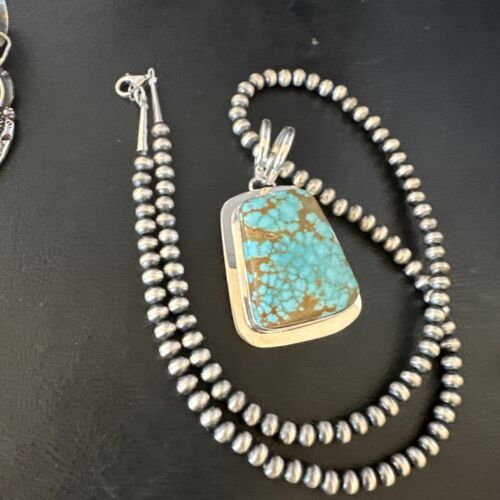 Men's Blue #8 Turquoise Pendant Necklace | Navajo Sterling Silver | Authentic Native American Handmade | 14973