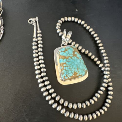 Men's Blue #8 Turquoise Pendant Necklace | Navajo Sterling Silver | Authentic Native American Handmade | 14973