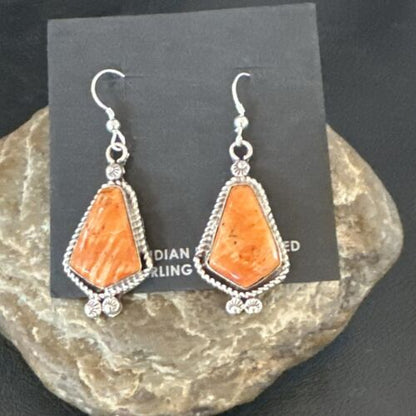Navajo Orange Spiny Oyster Dangle Earrings | Sterling Silver | Authentic Native American Handmade | 17273