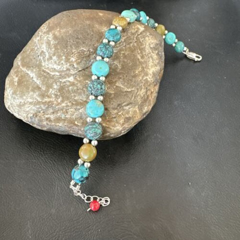Womens Blue Turquoise Bead Southwestern Sterling Silver Link Bracelet 8