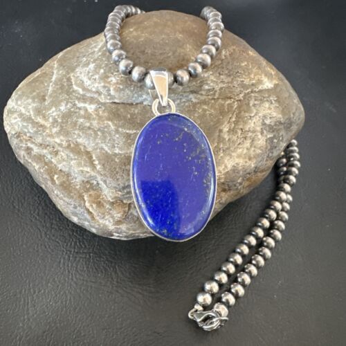 Navajo Blue Lapis Pendant with Pearls | Sterling Silver Necklace | 20" | Authentic Native American Handmade | 16662