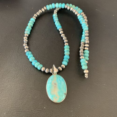 Navajo Pearls Necklace with Blue Kingman Turquoise Pendant | Sterling Silver | 11863