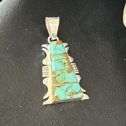 Navajo Blue #8 Turquoise Inlay Pendant | Sterling Silver | 2" | Authentic Native American Handmade | 15682
