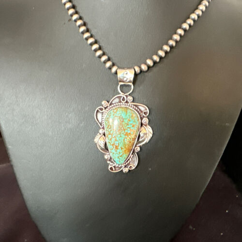 Navajo Blue Turquoise #8 Pendant | Sterling Silver Pearls Necklace | Authentic Native American Handmade | 15902
