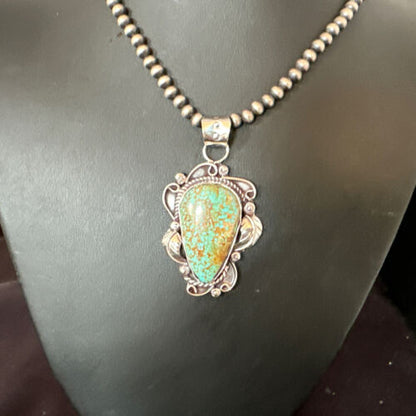 Navajo Blue Turquoise #8 Pendant | Sterling Silver Pearls Necklace | Authentic Native American Handmade | 15902