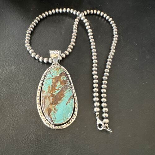 Navajo Blue Turquoise #8 Pendant Necklace | Sterling Silver Pearls | Authentic Native American Handmade | 16346