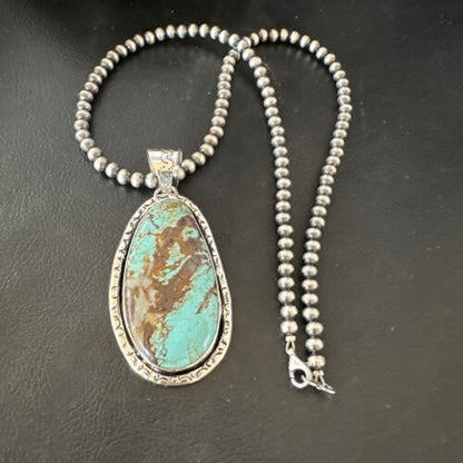 Navajo Blue Turquoise #8 Pendant Necklace | Sterling Silver Pearls | Authentic Native American Handmade | 16346