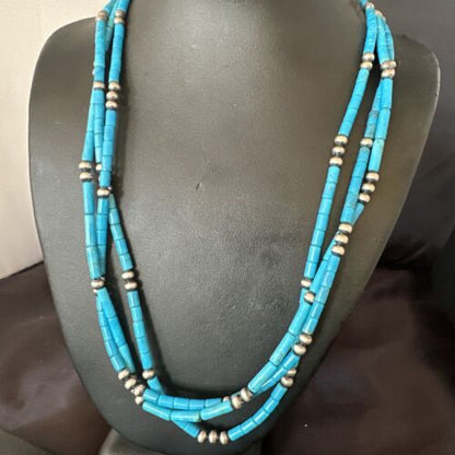 Navajo Blue Turquoise Tube Necklace | Sterling Silver | 22" | Authentic Native American Handmade | 17553