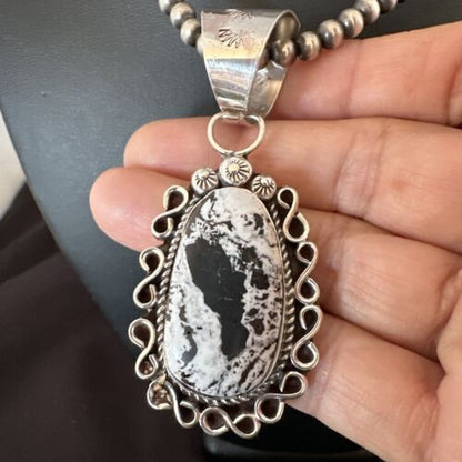 Men's White Buffalo Turquoise Pendant | Navajo Pearl Sterling Silver Necklace | Authentic Native American | 17038
