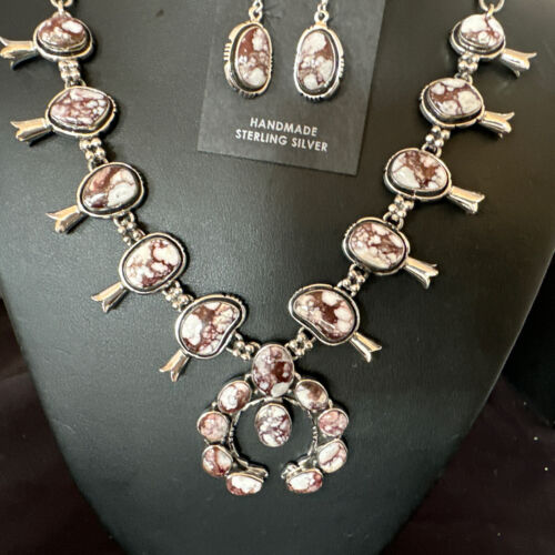 Navajo Squash Blossom Necklace with Wild Horse Turquoise | Sterling Silver Earrings | 16268