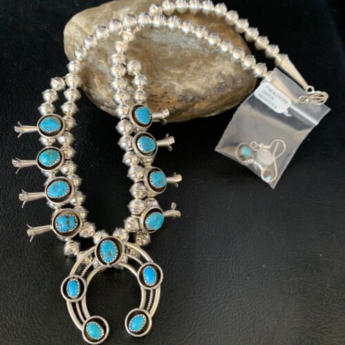 Navajo Kingman Turquoise Squash Blossom Necklace | Sterling Silver | Authentic Native American Handmade | 13678