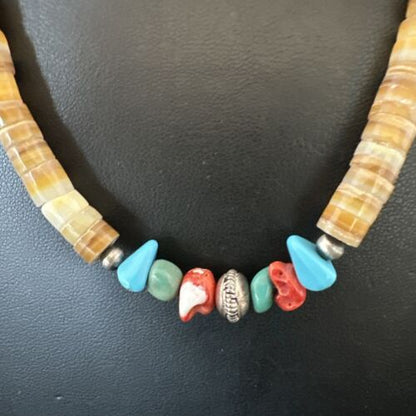 Authentic Native American Santo Domingo Shell Red Coral Blue Turquoise Onyx Necklace | 18" | 16946