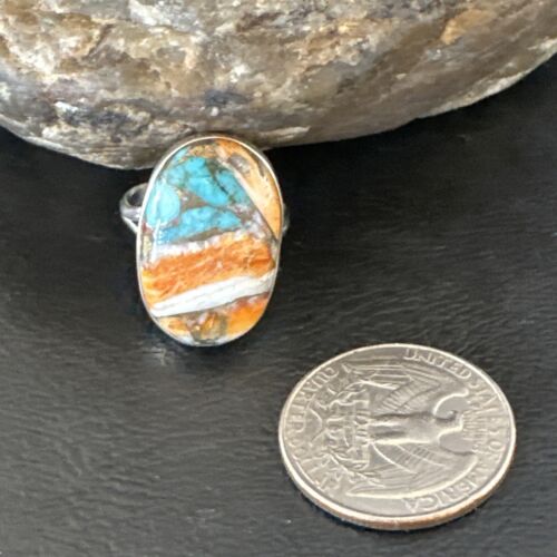 Navajo Turquoise Spiny Oyster Ring | Sterling Silver | Sz 8 | Authentic Native American Handmade | 16612