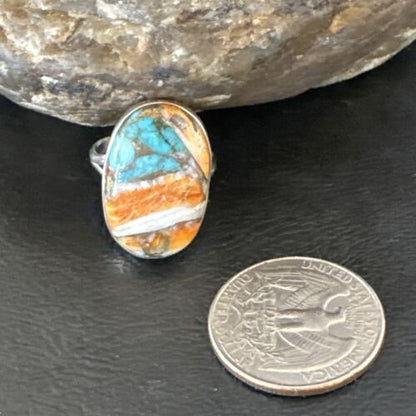 Navajo Turquoise Spiny Oyster Ring | Sterling Silver | Sz 8 | Authentic Native American Handmade | 16612