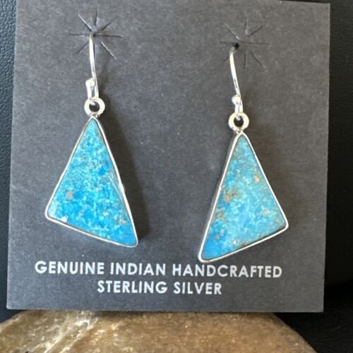 Navajo Blue Turquoise Dangle Earrings | Sterling Silver | 1" | Authentic Native American Handmade | 15801