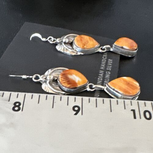 Navajo Orange Spiny Oyster Dangle Earrings | Sterling Silver | 1.5" | Authentic Native American Handmade | 16565