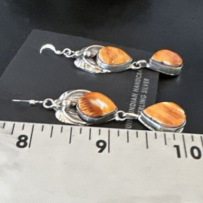 Navajo Orange Spiny Oyster Dangle Earrings | Sterling Silver | 1.5" | Authentic Native American Handmade | 16565