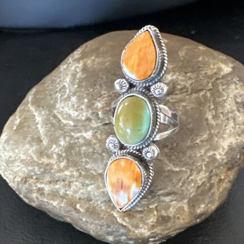 Navajo Green Turquoise Spiny Oyster Multi-Stone Ring | Authentic Native American Sterling Silver | Sz 10 | 16711