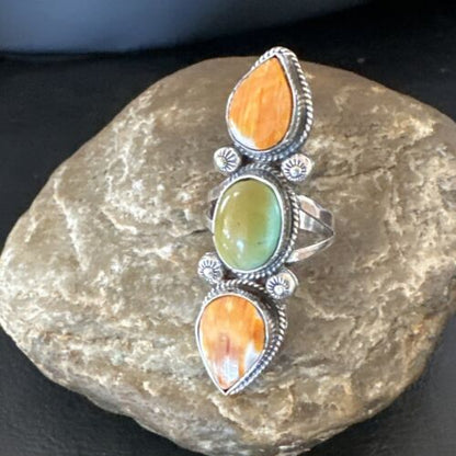 Navajo Green Turquoise Spiny Oyster Multi-Stone Ring | Authentic Native American Sterling Silver | Sz 10 | 16711