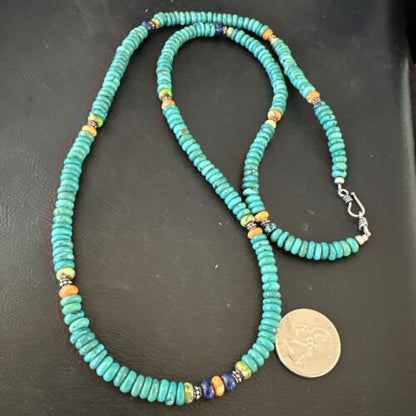 Navajo Blue Turquoise Spiny Oyster Necklace | Sterling Silver | 31" | Authentic Native American Handmade | 17487
