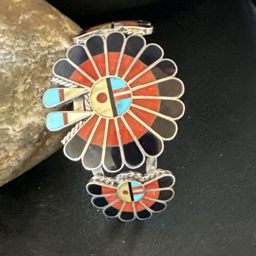 Zuni Blue Turquoise Coral Sunface Cuff Bracelet | Sterling Silver Inlay | Authentic Native American Handmade | 15059