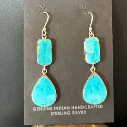 Navajo Blue Kingman Turquoise Dangle Earrings | Sterling Silver | Authentic Native American Handmade | 15123