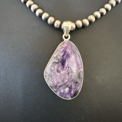 Navajo Purple Charoite Pendant with Pearls | Sterling Silver Necklace | Authentic Native American Handmade | 17312