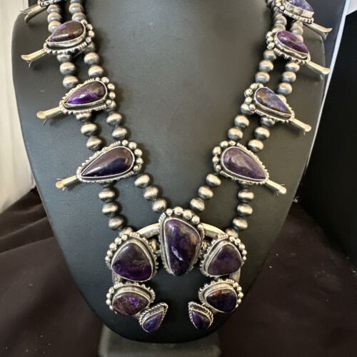 Navajo Squash Blossom Necklace with Purple Sugilite Pendant | Sterling Silver | 28" | 16940