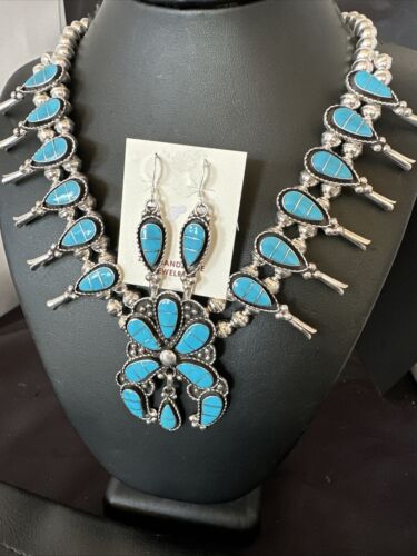 Zuni Kingman Turquoise Inlay Squash Blossom Necklace & Earrings | Sterling Silver | 16544