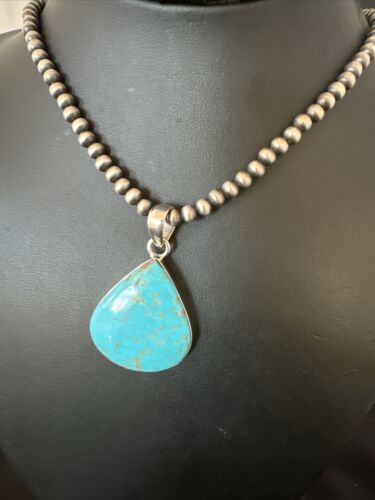Navajo Blue Kingman Turquoise Pendant Necklace | Sterling Silver | 20" | Authentic Native American Handmade | 17001