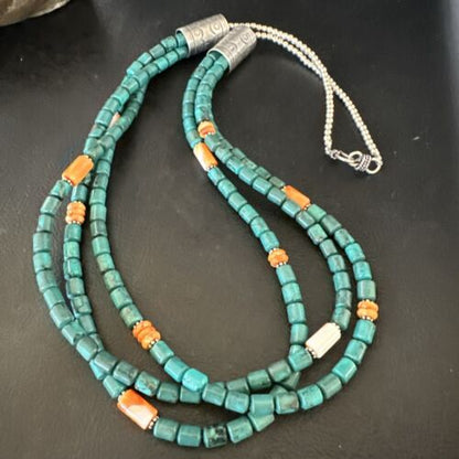 Navajo Blue Turquoise Spiny Oyster Necklace | Sterling Silver | Authentic Native American Handmade | 17535