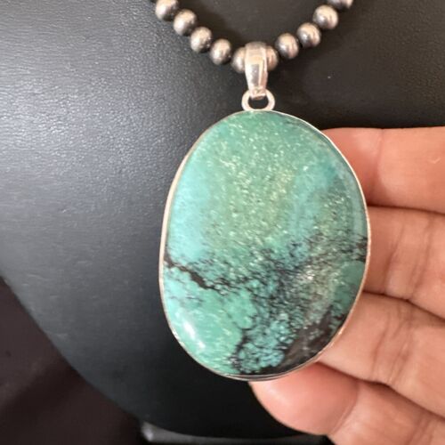 Navajo Blue Spiderweb Turquoise Pendant Necklace | Sterling Silver | Authentic Native American Handmade | 16195