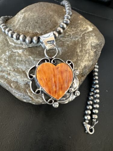 Navajo Orange Spiny Oyster Heart Pendant Necklace | Sterling Silver | Authentic Native American Handmade | 16423