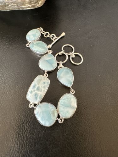 Navajo Blue Larimar Bracelet | Sterling Silver 7 Link | 8" | Authentic Native American Handmade | 16086