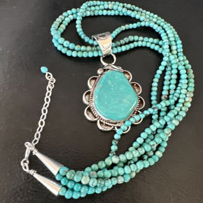 Navajo Blue Turquoise Pendant | Sterling Silver 3-Strand Bead Necklace | 17" | Authentic Native American Handmade | 15996
