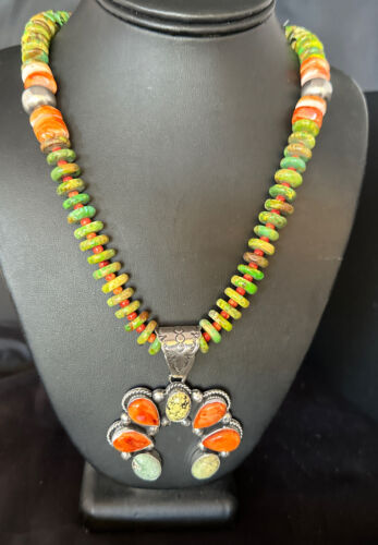 Navajo Turquoise & Spiny Naja Pendant Necklace | Sterling Silver | Native American Handmade | 14234