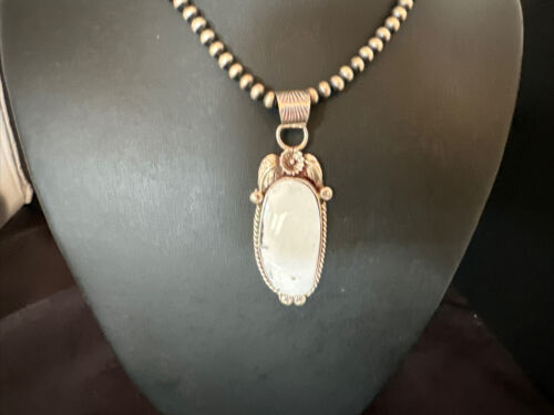 Navajo White Buffalo Turquoise Pendant Necklace | Sterling Silver | Authentic Native American Handmade | 15616