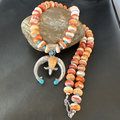 Navajo Blue Turquoise Spiny Oyster Naja Pendant Necklace | Sterling Silver | Authentic Native American Handmade | 16262