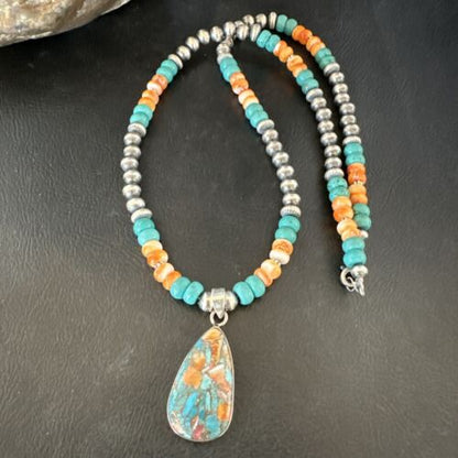 Navajo Spiny Turquoise Pendant Necklace | Sterling Silver | 21" | Authentic Native American Handmade | 17519
