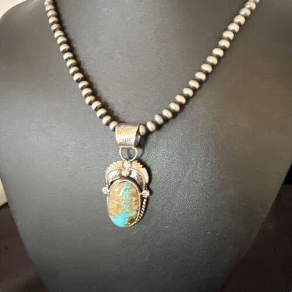 Navajo Blue Boulder Turquoise Necklace Pendant | Sterling Silver | Authentic Native American Handmade | 16139