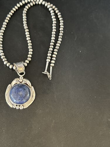 Men's Denim Lapis Lazuli Pendant Necklace | Navajo Beads | Sterling Silver | Authentic Native American Handmade | 14884