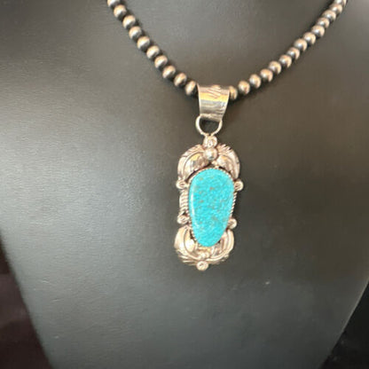 Navajo Kingman Turquoise Pendant Necklace | Sterling Silver Pearls | Authentic Native American Handmade | 15217