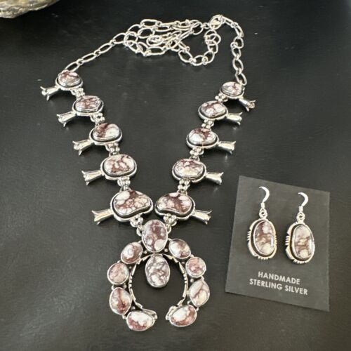 Navajo Squash Blossom Necklace with Wild Horse Turquoise | Sterling Silver Earrings | 16268