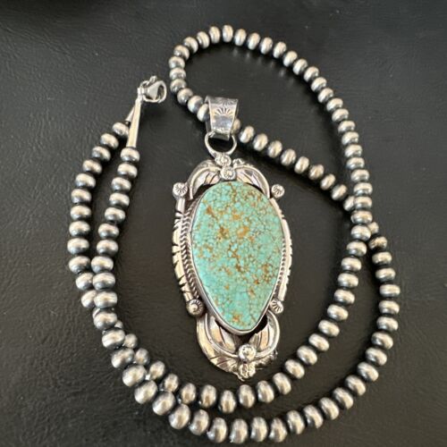 Navajo Blue Turquoise #8 Pendant | Sterling Silver Necklace with Pearls | Authentic Native American Handmade | 15898