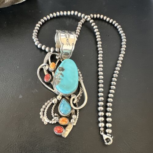 Navajo Kingman Turquoise | Spiny Oyster Necklace Pendant | Sterling Silver | Multi-Stone | 15950
